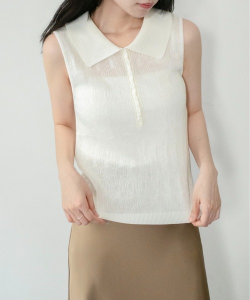 on:nue（オンニュ）の「【on:nue】[着用動画あり！] シアーポロノースリーブサマーニット（ニット/セーター・レディース・ベージュ/グレー/アイボリー・FREE）」の8枚目の写真