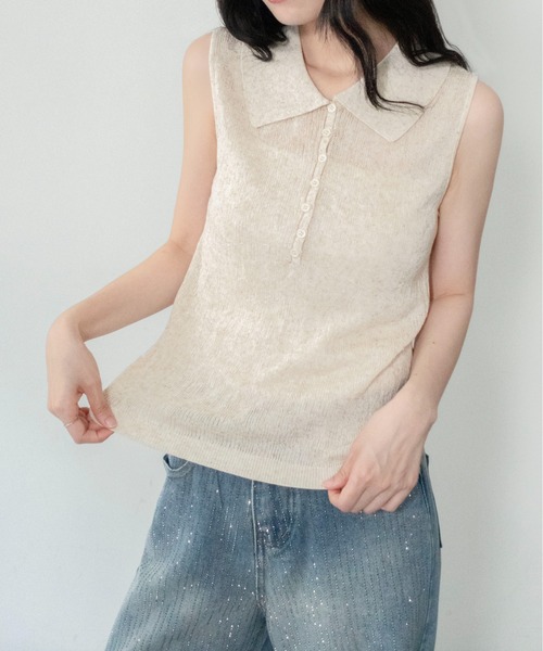 on:nue（オンニュ）の「【on:nue】[着用動画あり！] シアーポロノースリーブサマーニット（ニット/セーター・レディース・ベージュ/グレー/アイボリー・FREE）」の13枚目の写真