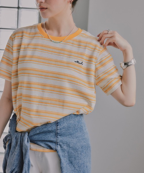 210nouve(トゥージュヌーブ)の「配色 マルチボーダー リンガー Tシャツ(Tシャツ/カットソー・レディース・グリーン/ネイビー/イエロー/ブラウン・FREE)」の4枚目の写真