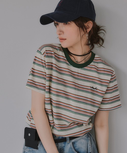 210nouve(トゥージュヌーブ)の「配色 マルチボーダー リンガー Tシャツ(Tシャツ/カットソー・レディース・グリーン/ネイビー/イエロー/ブラウン・FREE)」の2枚目の写真