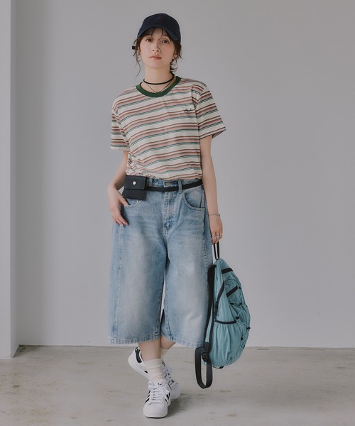 210nouve(トゥージュヌーブ)の「配色 マルチボーダー リンガー Tシャツ(Tシャツ/カットソー・レディース・グリーン/ネイビー/イエロー/ブラウン・FREE)」の15枚目の写真