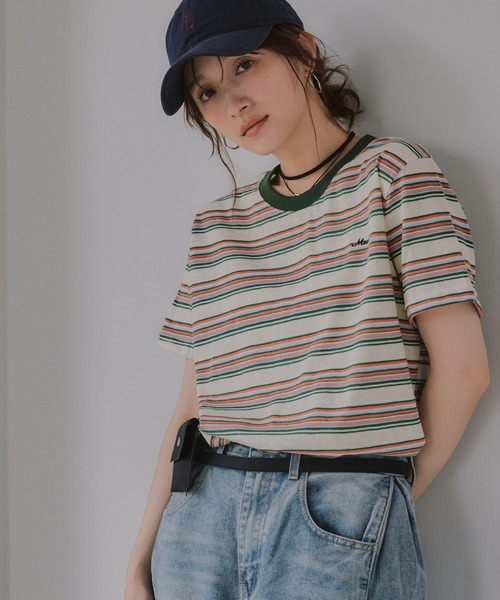 210nouve(トゥージュヌーブ)の「配色 マルチボーダー リンガー Tシャツ(Tシャツ/カットソー・レディース・グリーン/ネイビー/イエロー/ブラウン・FREE)」の20枚目の写真