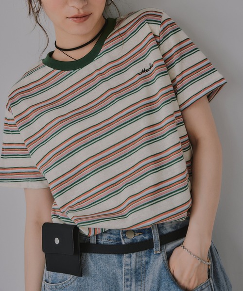 210nouve(トゥージュヌーブ)の「配色 マルチボーダー リンガー Tシャツ(Tシャツ/カットソー・レディース・グリーン/ネイビー/イエロー/ブラウン・FREE)」の19枚目の写真