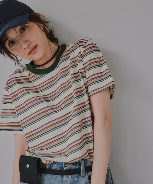 210nouve(トゥージュヌーブ)の「配色 マルチボーダー リンガー Tシャツ(Tシャツ/カットソー・レディース・グリーン/ネイビー/イエロー/ブラウン・FREE)」の18枚目の写真