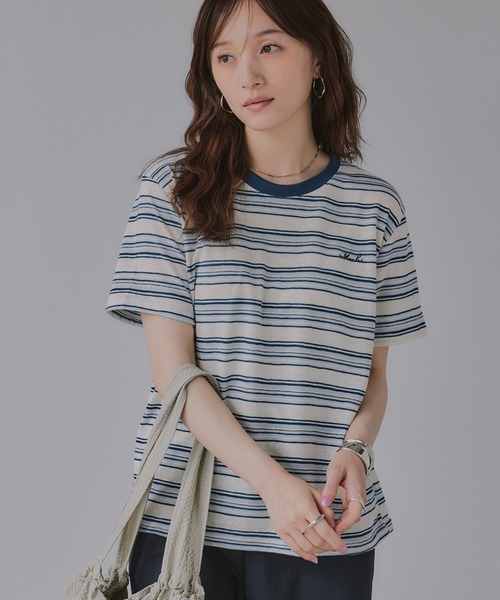 210nouve(トゥージュヌーブ)の「配色 マルチボーダー リンガー Tシャツ(Tシャツ/カットソー・レディース・グリーン/ネイビー/イエロー/ブラウン・FREE)」の17枚目の写真