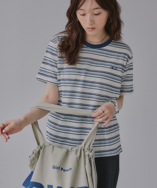 210nouve(トゥージュヌーブ)の「配色 マルチボーダー リンガー Tシャツ(Tシャツ/カットソー・レディース・グリーン/ネイビー/イエロー/ブラウン・FREE)」の14枚目の写真