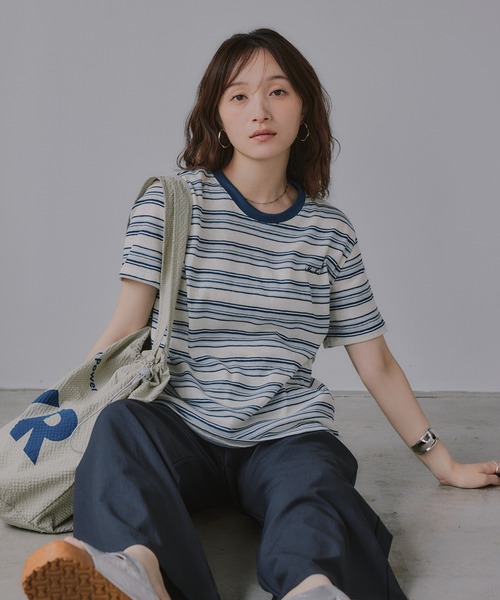 210nouve(トゥージュヌーブ)の「配色 マルチボーダー リンガー Tシャツ(Tシャツ/カットソー・レディース・グリーン/ネイビー/イエロー/ブラウン・FREE)」の13枚目の写真
