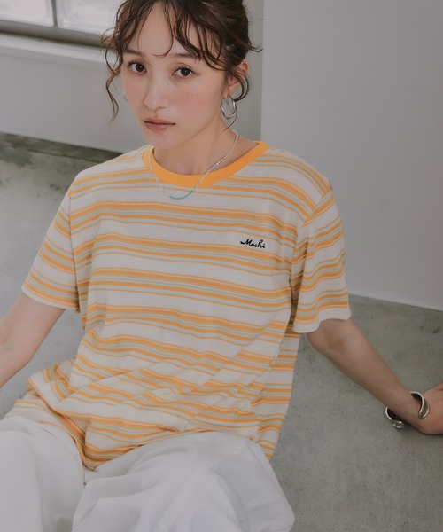 210nouve(トゥージュヌーブ)の「配色 マルチボーダー リンガー Tシャツ(Tシャツ/カットソー・レディース・グリーン/ネイビー/イエロー/ブラウン・FREE)」の21枚目の写真