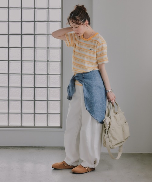 210nouve(トゥージュヌーブ)の「配色 マルチボーダー リンガー Tシャツ(Tシャツ/カットソー・レディース・グリーン/ネイビー/イエロー/ブラウン・FREE)」の8枚目の写真