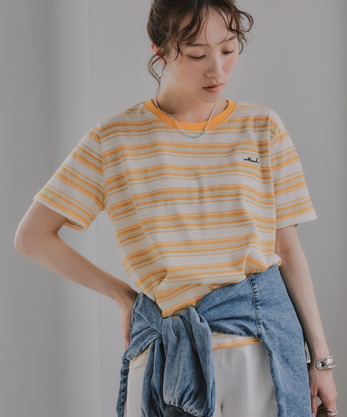 210nouve(トゥージュヌーブ)の「配色 マルチボーダー リンガー Tシャツ(Tシャツ/カットソー・レディース・グリーン/ネイビー/イエロー/ブラウン・FREE)」の22枚目の写真