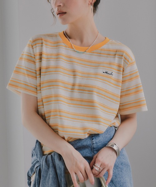 210nouve(トゥージュヌーブ)の「配色 マルチボーダー リンガー Tシャツ(Tシャツ/カットソー・レディース・グリーン/ネイビー/イエロー/ブラウン・FREE)」の18枚目の写真