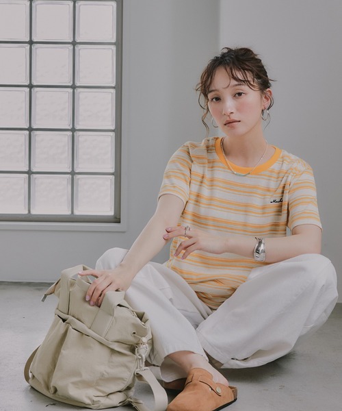 210nouve(トゥージュヌーブ)の「配色 マルチボーダー リンガー Tシャツ(Tシャツ/カットソー・レディース・グリーン/ネイビー/イエロー/ブラウン・FREE)」の9枚目の写真