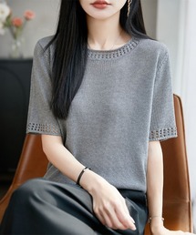 襟袖透かし編み半袖サマーニットトップス