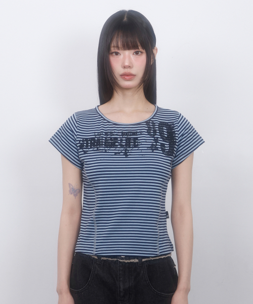 LMR（エルエムアール）の「ストライプスリム半袖TシャツBLUE（Tシャツ/カットソー・レディース・ブルー・SMALL/MEDIUM）」の2枚目の写真