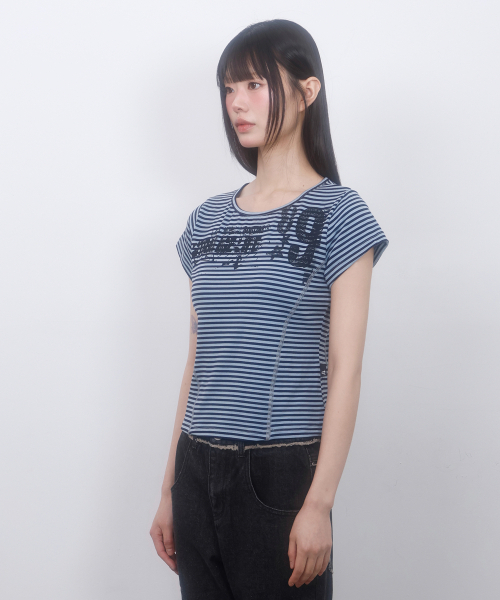 LMR（エルエムアール）の「ストライプスリム半袖TシャツBLUE（Tシャツ/カットソー・レディース・ブルー・SMALL/MEDIUM）」の3枚目の写真