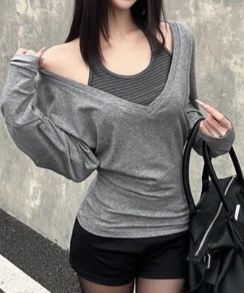 SHERU(シェル)の「【2点セット】深VネックロンT×ボーダーホルターネックタンクトップ(Tシャツ/カットソー・レディース・グレー・M)」の11枚目の写真