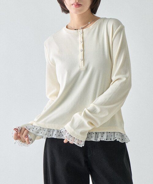 goocy（グーシー）の「テレコ×ドットヘンリーネックトップス（Tシャツ/カットソー・レディース・ブラック/ホワイト/ブラウン・FREE）」の5枚目の写真