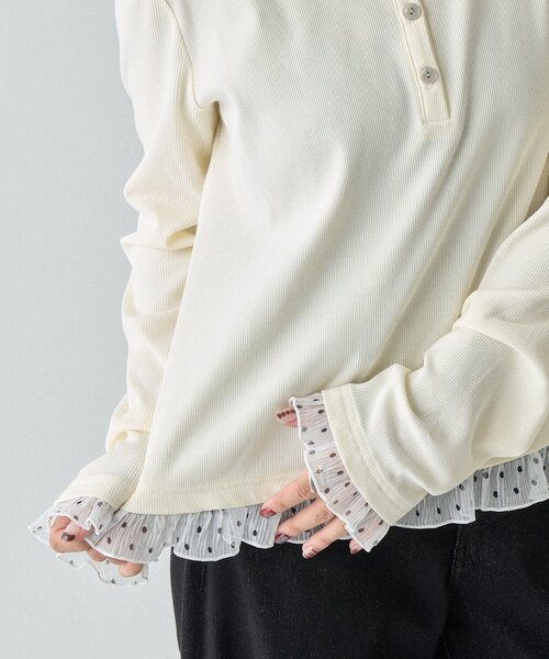 goocy（グーシー）の「テレコ×ドットヘンリーネックトップス（Tシャツ/カットソー・レディース・ブラック/ホワイト/ブラウン・FREE）」の9枚目の写真