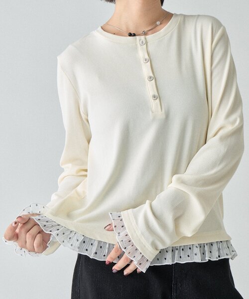 goocy（グーシー）の「テレコ×ドットヘンリーネックトップス（Tシャツ/カットソー・レディース・ブラック/ホワイト/ブラウン・FREE）」の12枚目の写真