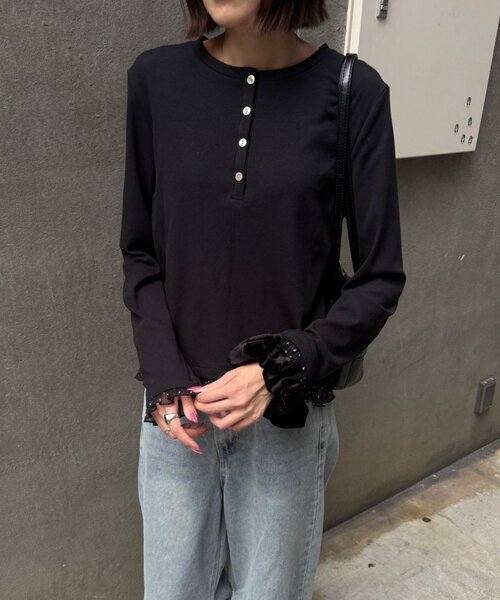 goocy（グーシー）の「テレコ×ドットヘンリーネックトップス（Tシャツ/カットソー・レディース・ブラック/ホワイト/ブラウン・FREE）」の13枚目の写真