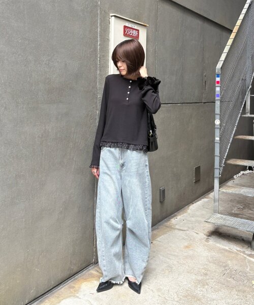 goocy（グーシー）の「テレコ×ドットヘンリーネックトップス（Tシャツ/カットソー・レディース・ブラック/ホワイト/ブラウン・FREE）」の14枚目の写真