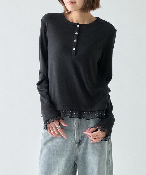 goocy（グーシー）の「テレコ×ドットヘンリーネックトップス（Tシャツ/カットソー・レディース・ブラック/ホワイト/ブラウン・FREE）」の17枚目の写真