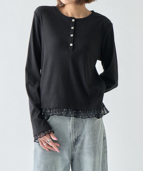 goocy（グーシー）の「テレコ×ドットヘンリーネックトップス（Tシャツ/カットソー・レディース・ブラック/ホワイト/ブラウン・FREE）」の21枚目の写真