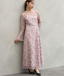 【WEB限定】ニュアンスフラワーレースロングスリーブソフトAラインパーティードレス