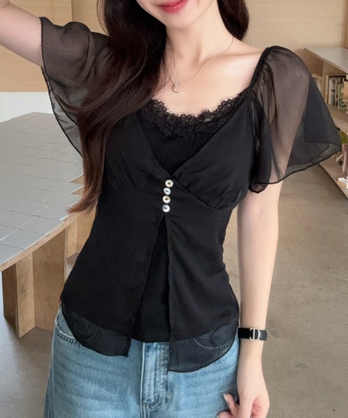 FLINEA（フリネア）の「Vネックレースチュール切り替えブラウス（シャツ/ブラウス・レディース・ベージュ/ブラック・FREE）」の10枚目の写真