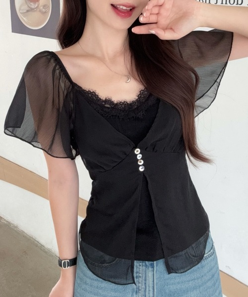 FLINEA（フリネア）の「Vネックレースチュール切り替えブラウス（シャツ/ブラウス・レディース・ベージュ/ブラック・FREE）」の11枚目の写真