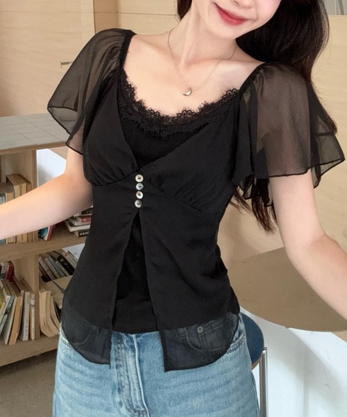 FLINEA（フリネア）の「Vネックレースチュール切り替えブラウス（シャツ/ブラウス・レディース・ベージュ/ブラック・FREE）」の12枚目の写真