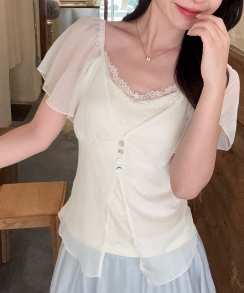 FLINEA（フリネア）の「Vネックレースチュール切り替えブラウス（シャツ/ブラウス・レディース・ベージュ/ブラック・FREE）」の6枚目の写真