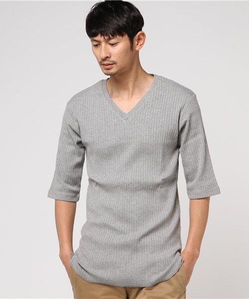 Luv maison（ラブメゾン）の「Luv･リブ編みロゴ5分袖Tシャツ（Tシャツ/カットソー・メンズ・グレー/ブラック/カーキ/ホワイト/ワインレッド・L/M）」の3枚目の写真