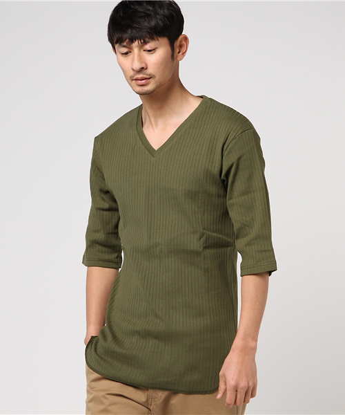 Luv maison（ラブメゾン）の「Luv･リブ編みロゴ5分袖Tシャツ（Tシャツ/カットソー・メンズ・グレー/ブラック/カーキ/ホワイト/ワインレッド・L/M）」の4枚目の写真