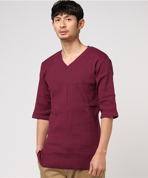 Luv maison（ラブメゾン）の「Luv･リブ編みロゴ5分袖Tシャツ（Tシャツ/カットソー・メンズ・グレー/ブラック/カーキ/ホワイト/ワインレッド・L/M）」の5枚目の写真