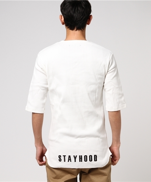 Luv maison（ラブメゾン）の「Luv･リブ編みロゴ5分袖Tシャツ（Tシャツ/カットソー・メンズ・グレー/ブラック/カーキ/ホワイト/ワインレッド・L/M）」の7枚目の写真