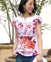 NARACAMICIE | フラワープリントノーカラープルオーバーブラウス(シャツ/ブラウス)