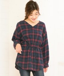 チェック柄Vネックドロストチュニックブラウス＊レディース/トップス/チェックシャツ[C3432]神戸レタス