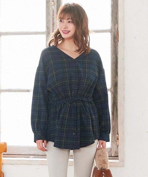 KOBE LETTUCE（コウベレタス）の「チェック柄Vネックドロストチュニックブラウス＊レディース/トップス/チェックシャツ[C3432]神戸レタス（シャツ/ブラウス・レディース・ブルー系その他/イエロー系その他/ブルー系その他2・FREE）」の2枚目の写真