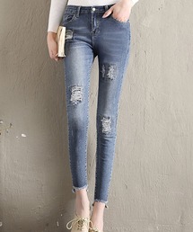 レディース　シンプルダメージ加工スキニーデニムパンツ