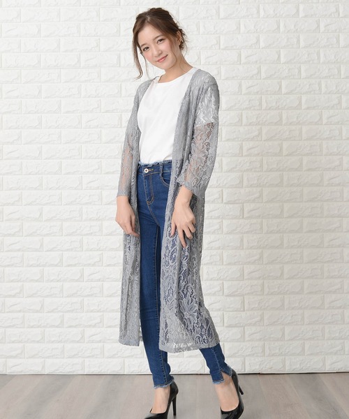 セール】花柄総レースロング丈カーディガン（カーディガン/ボレロ