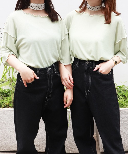 PairPair（ペアペア）の「配色メローTシャツ（Tシャツ/カットソー・レディース・アイボリー/ライトグリーン/ラベンダー/ブラック・FREE）」の2枚目の写真