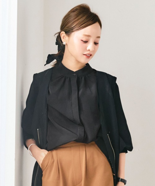 KOBE LETTUCE（コウベレタス）の「選べる2タイプバンドカラーブラウス＆シャツワンピース（ワンピース・レディース・ホワイト/ブラック/その他/ホワイト系その他/ブラック系その他/ストライプ/ホワイト系その他2/ホワイト系その他3/ブラック系その他2/ブラック系その他3/ブラック系その他4/ブラウン系その他/ブラウン系その他2/ブラック系その他5/ブラック系その他7/ベージュ系その他2/ブラック系1/ブラック系/ブラック系その他6/ベージュ系その他・1/2）」の6枚目の写真