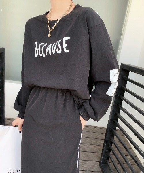 Diosfront（ディオスフロント）の「フロントロゴオーバーサイズブラウス+バックスリットロングスカートセットアップ（セットアップ・レディース・ブラック/ブラック系その他/グレー/ベージュ・FREE/L/M）」の2枚目の写真