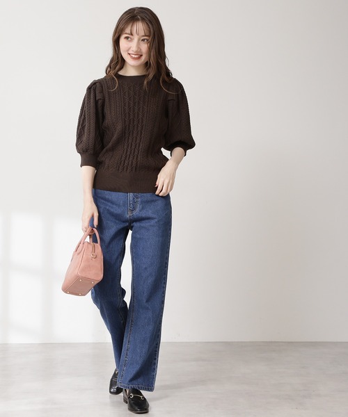 N.(N. Natural Beauty Basic)(エヌエヌナチュラルビューティーベーシック)の「◆ボリュームスリーブケーブルニット(ニット/セーター・レディース・オフホワイト/ブラウン/グリーン・MEDIUM)」の6枚目の写真