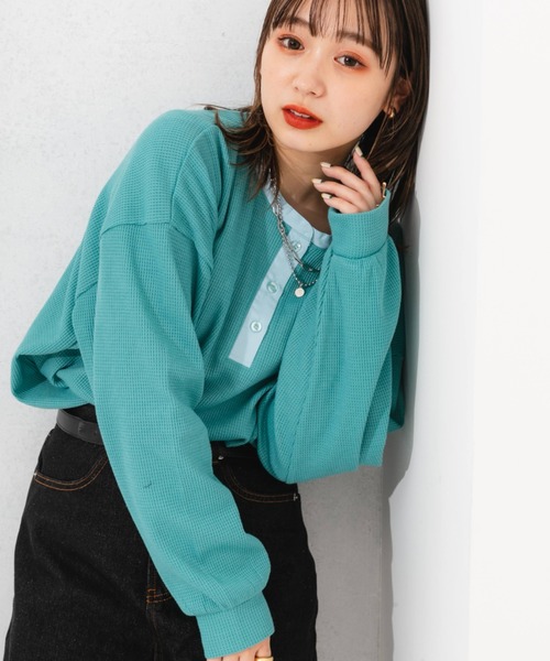 nemne store(ネンネストア)の「ワンポイント刺繍サーマルロンT(Tシャツ/カットソー・レディース・ベージュ/オレンジ/ブルー/アイボリー・フリー)」の5枚目の写真