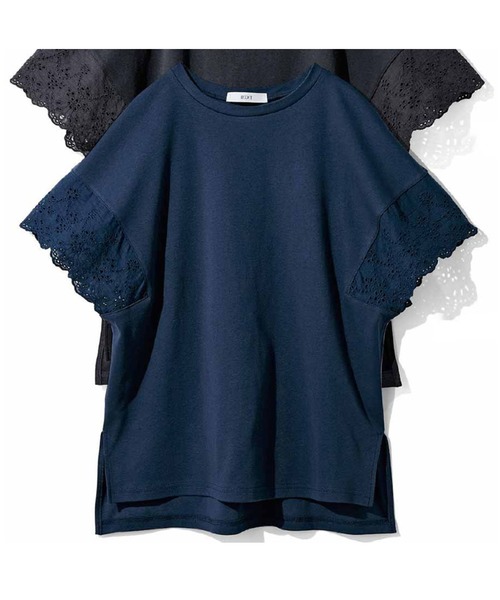 IEDIT（イディット）の「ＩＥＤＩＴ　接触冷感・吸汗速乾・抗菌防臭！綿１００％ＯｈｃｏｏｌＲＩＩＰｌｕｓ素材で仕立てた袖レーストップス（Tシャツ/カットソー・レディース・ホワイト/ブラック/ネイビー・MEDIUM/LARGE/X-LARGE/XX-LARGE/SMALL）」の3枚目の写真