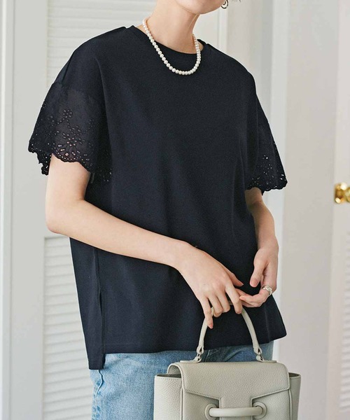 IEDIT（イディット）の「ＩＥＤＩＴ　接触冷感・吸汗速乾・抗菌防臭！綿１００％ＯｈｃｏｏｌＲＩＩＰｌｕｓ素材で仕立てた袖レーストップス（Tシャツ/カットソー・レディース・ホワイト/ブラック/ネイビー・MEDIUM/LARGE/X-LARGE/XX-LARGE/SMALL）」の4枚目の写真