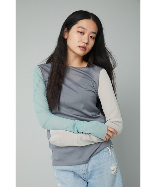 HeRIN.CYE（ヘリンドットサイ）の「Crew neck mesh inner tops（Tシャツ/カットソー・レディース・ライトブルー/ピンク/ライトグリーン/マルチ/ネイビー系1/グレー系1/ベージュ/ブラック・FREE）」の2枚目の写真