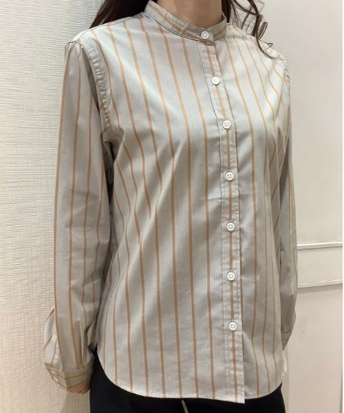 Pitta Re:)(ピッタリ)の「形態安定ノーアイロン ショートラウンドテール長袖カジュアルシャツ(シャツ/ブラウス・レディース・ブルー/ベージュ/ライトブラウン・M/L/LL)」の1枚目の写真